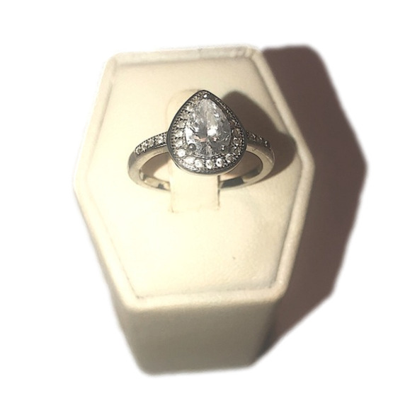 STERLING Silver Tear Drop / Pear Shape Halo Half Eternity Engagement Ring Sz 8 - Picture 3 of 9